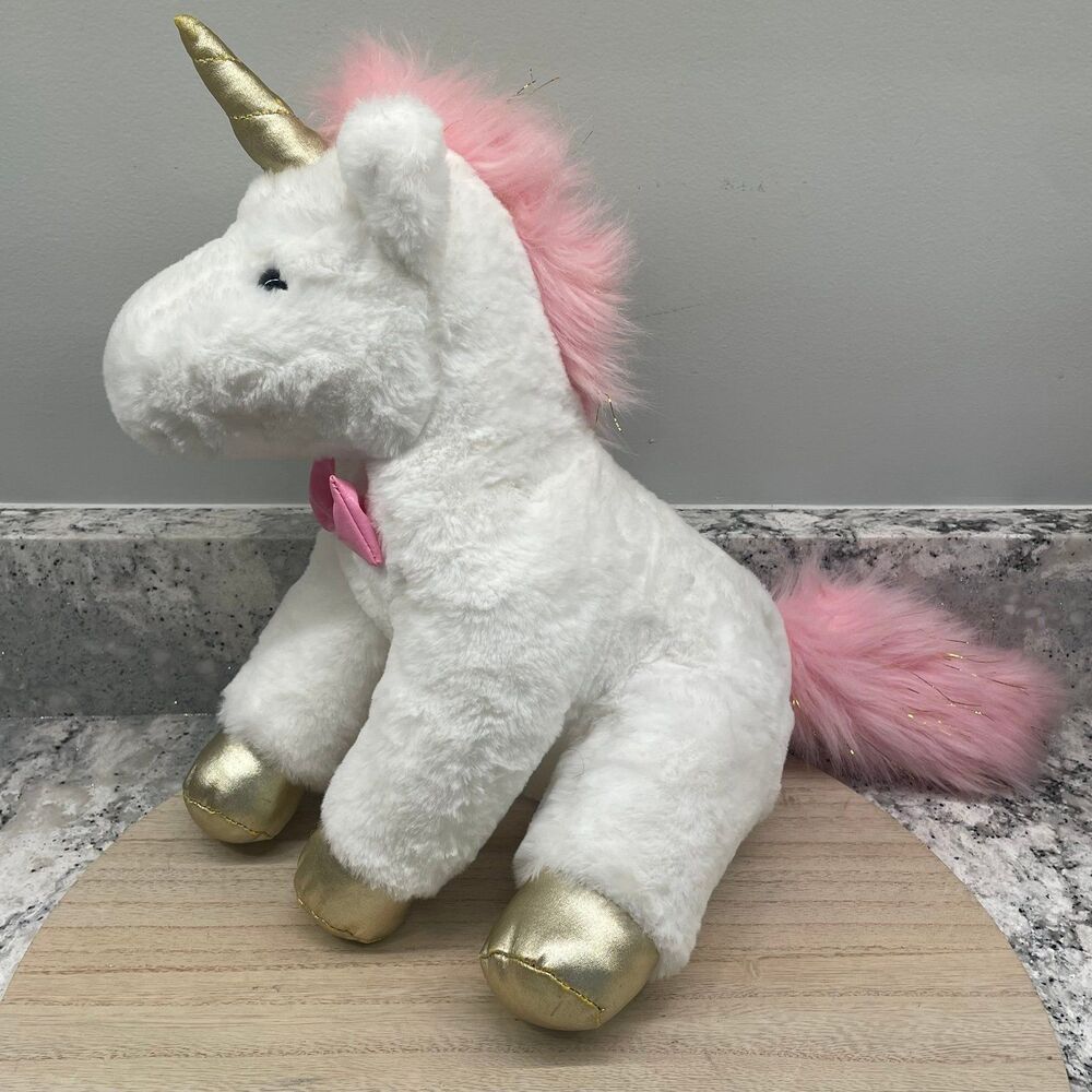 FAO Schwarz White Unicorn Plush Pink Mane Horn Gold Hooves Pink Bow Tie